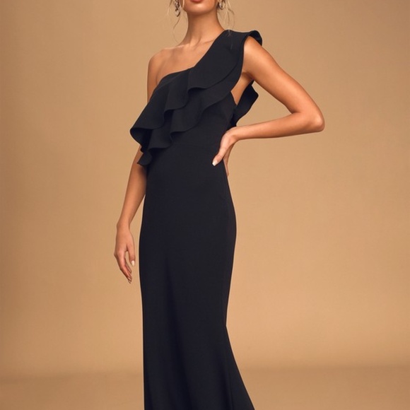 Lulus Grand Beauty Black Ruffled One-shoulder Mermaid Maxi Dress - Size S - Picture 1 of 2